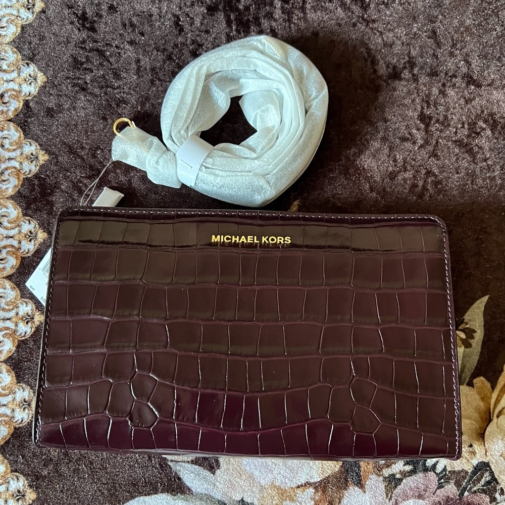 MICHAEL KORS Damson Leather Large Crocodile Embossed Crossbody Clutch NWT